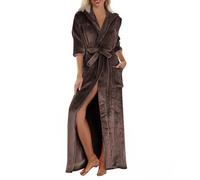 Uwdiohq Ladies Flannel Fleece Dressing Gown Winter Warm Ladies Bathrobe Hooded Fluffy Solid Colour Cozy Robes Wrap Tie Waist Long Length Sleepwear Nightgown with Pockets Coffee M