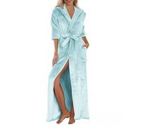 Uwdiohq Ladies Flannel Fleece Dressing Gown Winter Warm Ladies Bathrobe Hooded Fluffy Solid Colour Cozy Robes Wrap Tie Waist Long Length Sleepwear Nightgown with Pockets Light Blue L