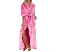 Uwdiohq Ladies Flannel Fleece Dressing Gown Winter Warm Ladies Bathrobe Hooded Fluffy Solid Colour Cozy Robes Wrap Tie Waist Long Length Sleepwear Nightgown with Pockets Hot Pink S