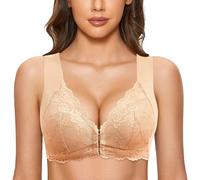 Uwdiohq Ladies Plus Size Bra Womens No French Front Close T Back Unlined for Large Bust Compression Bras (Beige, 7XL) Women Push Up Full Coverage Comfort Black Lace Non Wired Underwire UK