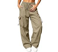Uwdiohq Lightweight Cargo Trousers Women High Waisted Work Hiking Trousers Summer Breathable Wide Leg Quick Dry Drawstring Sweatpants with Pockets Petite/Regular/Tall Khaki 5XL