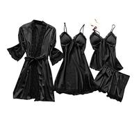 Uwdiohq Pyjamas for Women 4 Piece Pj Sets Ladies Silk Imitation Nightdress Lace Front Tie Robe Dress Underwear Short Robe With Belt Floral Lace Trim Loungewear Cami Bras Sleepwear Black XL
