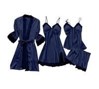 Uwdiohq Pyjamas for Women 4 Piece Pj Sets Ladies Silk Imitation Nightdress Lace Front Tie Robe Dress Underwear Short Robe With Belt Floral Lace Trim Loungewear Cami Bras Sleepwear Navy M