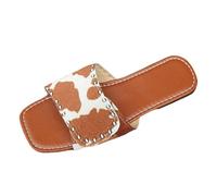 Uwdiohq Slippers Square Head Buckle European and American Flat Cow Pattern Casual Womens Shoes Ballet (Brown, 4.5) Women's Sliders Women Slide Sandals Size 7 6 Black Arch Support Slides for