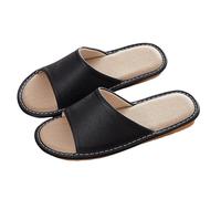 Uwdiohq Summer Indoor Bedroom Floor Silent Breathable Absorbing Cotton Linen Cowhide Casual Slippers for Men and Women Boot (Black, 6.5) Rubber Sliders Womens Black Shoes Memory Foam Arch