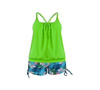 Uwdiohq Swimsuit Women's Conservative Printed Two Split Flat Angle Cover Belly Slim Tankini Womens Swim Tops with Underwire (Green, XL) Ladies Shorts UK Bikini 34G Green Top 2 Piece Suits Front