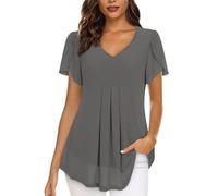 Uwdiohq Tee Shirts for Women Elegant Short Sleeve V Neck T Shirt Blouse Girls Solid Color Formal Work Business Night Out Leggings Our Womens Long (Grey, L) Ladies White UK Black Blouses Pink