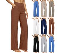 Uwdiohq Womens Linen Trousers Summer Breathable Beach Holiday Pants High Waisted Plain Wide Leg Straight Leg Fit Petite Friendly Casual Business Slacks with Pockets XXL