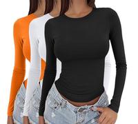 Uwdiohq Womens Long Sleeve Tops Slim Fit Stretchy Basic T-Shirt Crew Neck Casual Base Layer Undershirt Lightweight Breathable Soft Tunics for Everyday Wear Solid Color 3 Pack XS-XL