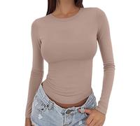 Uwdiohq Womens Long Sleeve Tops Slim Fit Stretchy Basic T-Shirt Crew Neck Casual Base Layer Undershirt Lightweight Breathable Soft Tunics for Everyday Wear Solid Color XS-XL Camel