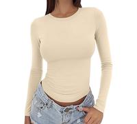 Uwdiohq Womens Long Sleeve Tops Slim Fit Stretchy Basic T-Shirt Crew Neck Casual Base Layer Undershirt Lightweight Breathable Soft Tunics for Everyday Wear Solid Color XS-XL Beige