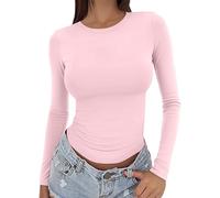 Uwdiohq Womens Long Sleeve Tops Slim Fit Stretchy Basic T-Shirt Crew Neck Casual Base Layer Undershirt Lightweight Breathable Soft Tunics for Everyday Wear Solid Color XS-XL Pink