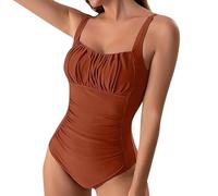 Uwdiohq Womens One Piece Swimming Costume Tummy Control Ruched Square Neck Padded Push Up Swimsuit Adjustable Straps Vintage Colour Block Bathing Suit for Beach Pool Holiday B Brown XXL