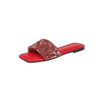 Uwdiohq Women's Summer Flat Bottomed Sequin Flops Sexy Slippers for Women (Red, 7.5) Sliders Size 7 Womens 5 Pink Wide Fit Arch Support Bathroom Slides Sandals Shower Ladies Black Clear Blue