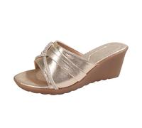 Uwdiohq Women's Summer New Roman Open Toe Thick Bottom Sandals Casual Comfortable Slope Heel Slippers Cow for Women (Gold, 6) Ladies Size 6 UK Wide Fit Wedges Leather Black Wide-Fit Womens &