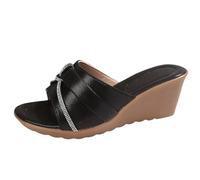 Uwdiohq Women's Summer New Roman Open Toe Thick Bottom Sandals Casual Comfortable Slope Heel Slippers Cow for Women (Black, 6) Ladies Size 8 Wedge Shoes UK 5 Black Low Wedges Sandles Leather 4