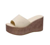 Uwdiohq Women's Summer Slope Heel One Line Slippers with Matsuke Bottom Beach for Women (Beige, 6) Wedges Heels Sandals Womens Sandal Wedge Size 8 Leather Cork Heeled Mules Ladies 6 UK Comfort 4
