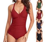 Uwdiohq Womens Tummy Control Swimming Costumes Summer V Neck Padded Push Up Cross Back Ruched Bathing Suit Comfort Retro Vintage Swimwear for Beach Swimming Surfing Diving A Wine S