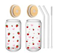 Uwenkjie 2-Pack Glass Cups with Lids & Straws - 500ml Jar Style Tumblers for Iced Coffee, Lemonade, Smoothies, Beer, Cocktails - Strawberry & Cherry Print Design