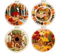 Uwenkjie Autumn Forest Cottage Embroidery Kit for Adults, 4 Different Style Designs with Hoop, Threads & Full Supplies, 3D Needlework DIY Craft Gift Set