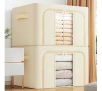 Uwenkjie Foldable 100L Large Storage Boxes(2-Pack Set),Steel Frame with Oxford Fabric,Water-Resistant,Dual Zippered Access with Clear Window,Capacity for Clothing,Bedding&Household Items(Beige)