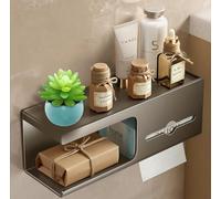 Uwenkjie No-Drill Toilet Roll Holder with Storage Platform, Extra-Long 35×12×12cm Adhesive Bathroom Organiser, Space-Saving Toilet Paper Holder for Family Bathroom, Matte Gunmetal Grey