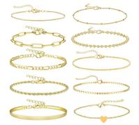 Uwiyo 10Pcs Gold Chain Bracelets Set for Women, Gold Plated Boho Stacking Bracelets Link Chain Paperclip Twist Figaro Herringbone Round Snake Chain Bracelet for Women Girls (Gold Bracelet Set 2)
