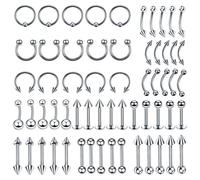Uwiyo 60PCS Body Piercing Kit, Stainless Steel 16G Lip Piercing Nose Septum Piercings Eyebrow Piercings Nipple Piercinge Belly Piercinge Tongue Bars Cartilage Tragus Earrings Unisex (Silver-1.2*10mm)