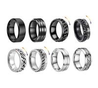Uwiyo 8PCS Mens Spinner Rings, Stainless Steel Anxiety Relief Rings Black Silver Spinner Chain Anxiety Ring for Men Boys Gift for Father's Day Anniversary Wedding Christmas Day (Black Silver, 6)