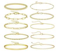 Uwiyo Gold Bracelets for Women, Boho Gold Layered Bracelets Elastic Bead Bracelet Adjustable Stackable Bracelet Link Chain Bracelet Set Jewelry Gifts for Women Girls