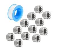 uxcell 1/8" NPT Internal Hex Thread Socket Pipe Plug Stainless Steel with PTFE Tape Male Thread Pipe Cap Silver 12PCS