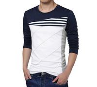 Uxcell Men's Color Block Striped Panel Round Neck Long Sleeve Pullover T-Shirt Blue 40