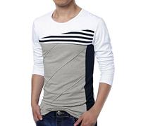 Uxcell Men's Color Block Striped Panel Round Neck Long Sleeve Pullover T-Shirt White 40
