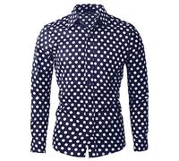 Uxcell Men's Shirts Polka Dots Long Sleeve Slim Fit Printed Dress Button Down Shirt Navy Blue XL