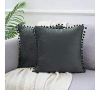 Uxcell Pack of 2 Velvet Throw Pillow Covers with Pompoms Decorative Pillow Cases Fringe Cushion Covers Velvet Square Sham for Farmhouse Bedroom Living Room Dark Gray 45 x 45 cm
