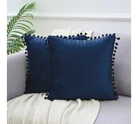 Uxcell Pack of 2 Velvet Throw Pillow Covers with Pompoms Decorative Pillow Cases Fringe Cushion Covers Velvet Square Sham for Farmhouse Bedroom Living Room Dark Blue 45 x 45 cm