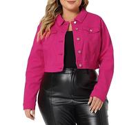 Uxcell Women Plus Size Button Closed Cropped Denim Jacket Hot Pink 1X