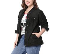 Uxcell Women's Plus Size Jean Jacket Stitching Button Front Washed Western Outfit Denim Jacket Black XL