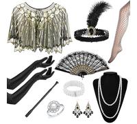 UxClishe 1920s Flapper Accessories Set, Great Gatsby Accessories Set Roaring 20's Theme Outfit with Sequin Fringed Beaded Shawl Headpiece 20s Vintage Accessory for Women Ladies