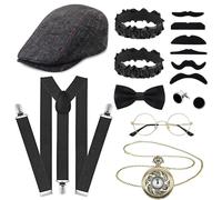 UxClishe 1920s Men's Accessories Set, Roaring Retro 20s Adult Gatsby Gangster Accessories Kit with Beret Straps Pocket Watch for Cosplay Party Supplies Dress Up