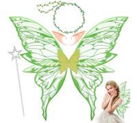 UxClishe 4pcs Fairy Wings Adult Costume Set, Fairy Accessories Fancy Dress with Sparkling Butterfly Wings Floral Headband, Long Skin-Toned Elf Ears Wand for Halloween Chrismas Cosplay Party