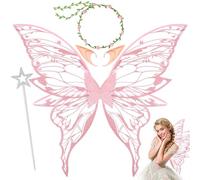 UxClishe 4pcs Fairy Wings Adult Costume Set, Fairy Accessories Fancy Dress with Sparkling Butterfly Wings Floral Headband, Long Skin-Toned Elf Ears Wand for Halloween Chrismas Cosplay Party