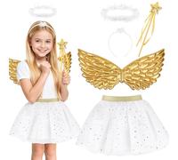 UxClishe 4pcs Golden Angel Costume, Girls Christmas Nativity Play Outfit with Feather Wings Tutu Dress Halo Headband Magic Wand Fancy Dress for Halloween Carnival Cosplay Play Themed Party