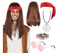 UxClishe 5 Pcs Hippie Accessories for Men, 70s Disco Style 60s Outfit 80s Fancy Dress with Hippie Wig Sunglasses Hippie Fancy Dress Kit for Party Supplies (Red Style)
