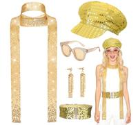 UxClishe 5Pcs 70s Disco Outfit Accessories for Women, Gold Glitter Fancy Dress Set with Sequin Hat Scarf Belt Sunglasses Long Earrings for Retro Hippie Costume Theme Party Carnival