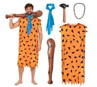 UxClishe 5Pcs Caveman Costume Set for Adults, Stone Age Halloween Outfit with Orange Caveman Tunic Blue Scarf Bone Necklace Inflatable Wooden Stick Hammer for Cosplay World Book Day Theme Parties