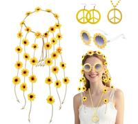UxClishe 5pcs Hippie Costume Accessory Set for Women, 60s 70s Fancy Dress Accessories with Sunflower Headband Daisy Glasses Peace Sign Necklace and Earring for Retro Party Supplies-Yellow