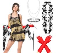 UxClishe 6 Pcs Cruella Deville Costume Accessories Set, Cruella Fancy Dress Kit Dalmatian Dog Outfit with Black White Feather Boa Gloves Necklace for World Book Day Party Supplies