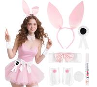 UxClishe 6Pcs Bunny Costume Accessories, Halloween Bunny Outfit with Rabbit Ear Headband Marker Bow Tie Cuffs Tail Corsage Fancy Dress Costume for Adult Carnival Cosplay Party