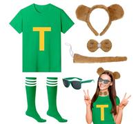UxClishe 6Pcs Chipmunks Costume Set, Fancy Dress Outfit with T-shirt Chipmunk Ears Headband Bow Tie Tail Striped Socks Glasses for World Book Day, Halloween Cosplay, Animal Themed Party